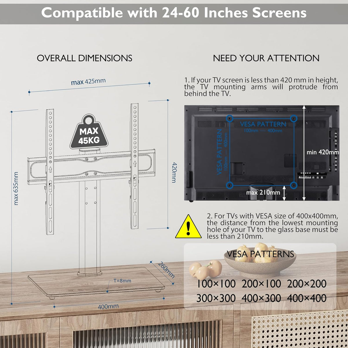 Universal TV Stand for 24–60 Inch LCD LED OLED Plasma TVs, Height Adjustable Table Top Pedestal with Bracket, 8mm Tempered Glass Base, 45kg Load, Max VESA 400x400mm, Cable Management