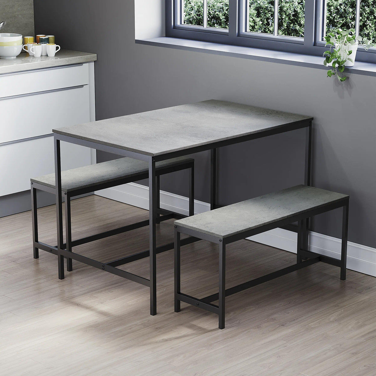 Industrial 3‑Piece Dining Table & Bench Set, 4‑Seater Space‑Saving Kitchen Dining Furniture, Heavy‑Duty Powder‑Coated Metal Frame & Durable MDF Tabletop for Dining Room, Small Apartment