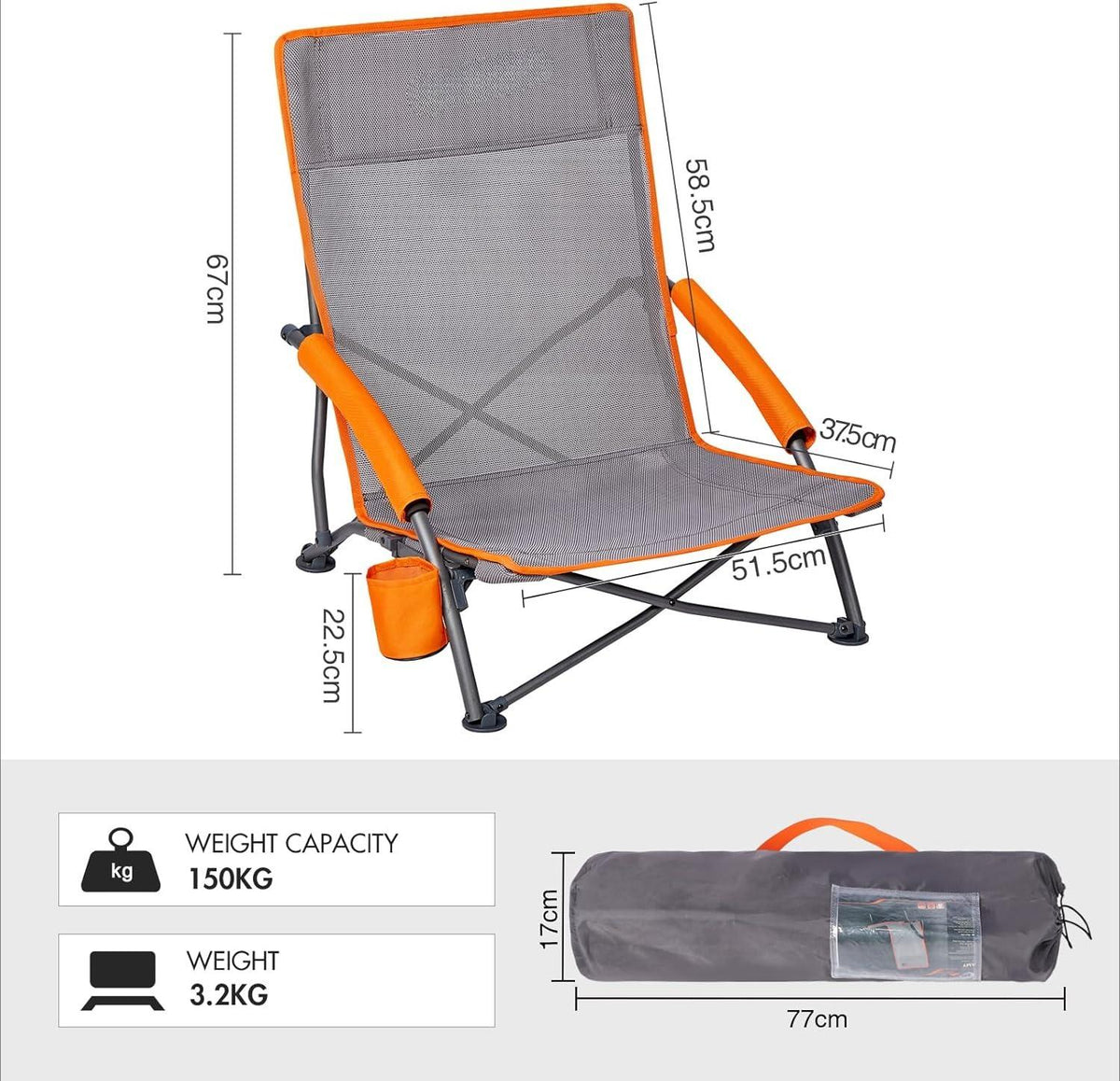 CZHMBM Folding Beach Chairs Low Lightweight Portable for Adults Foldable Beach Seat Camping Festival Picnic Deck Chair Outdoor Collapsible with Cupholder Mesh Back Padded Armrests Supports 150KG