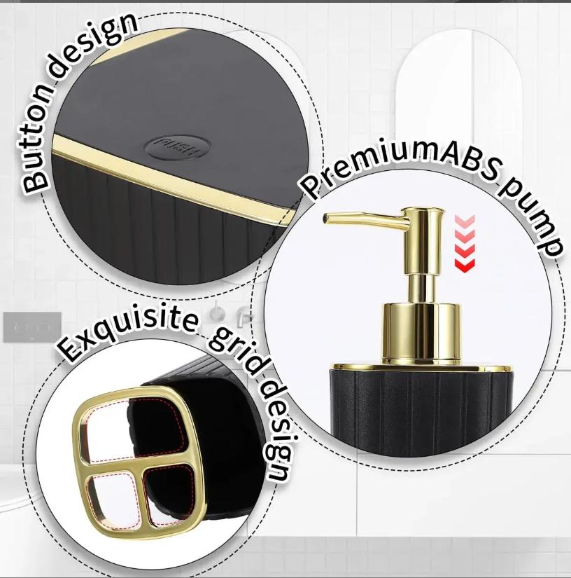10-Piece Black Gold Bathroom Accessories Set, Complete Bathroom Organizer Kit with Trash Can, Toilet Brush, Toothbrush Holder, Soap Dispenser, Soap Dish, Rinse Cup, Cotton Swab & Cotton Ball Storage Jars for Countertop Decor