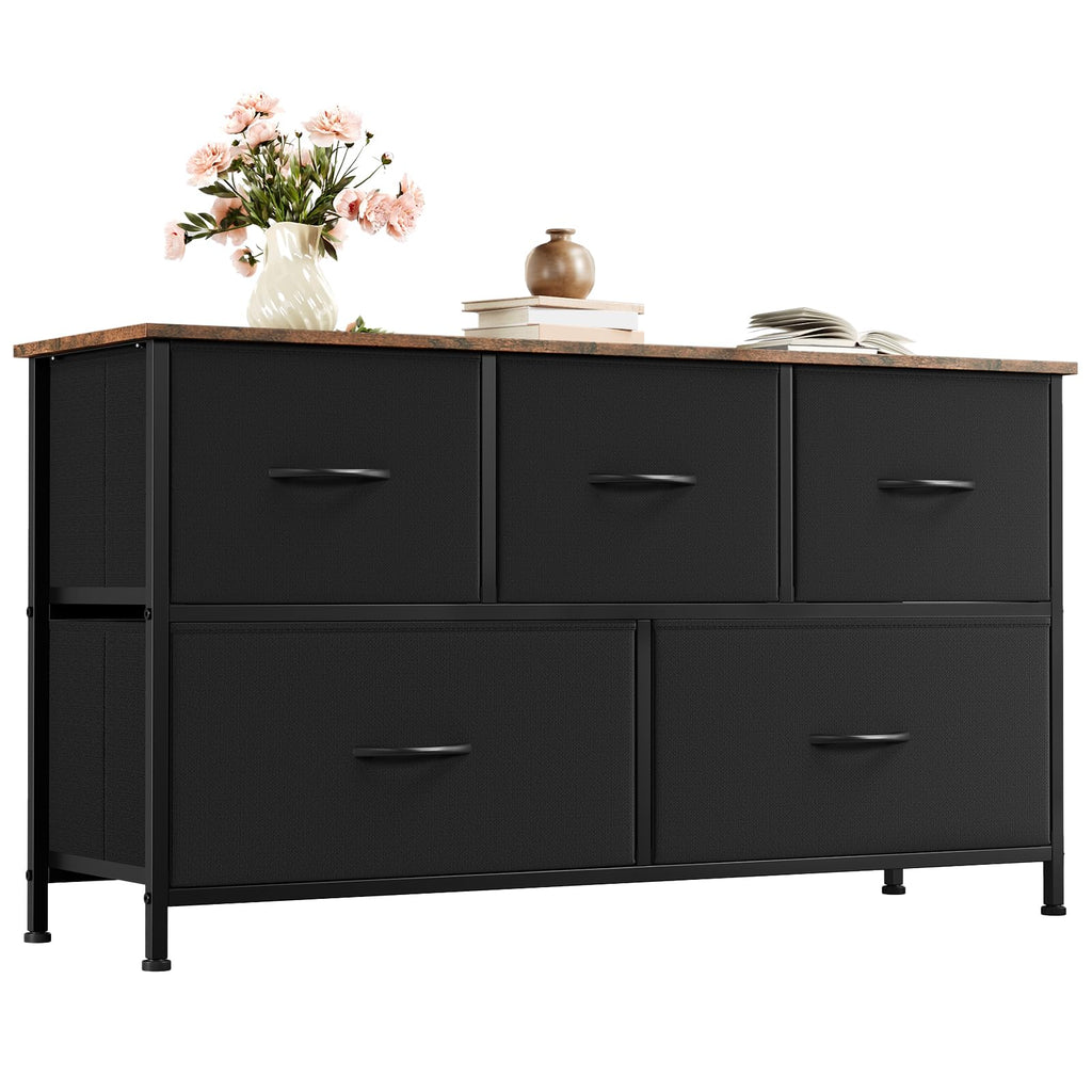 5 Drawers Faux Leather Chest of Drawers Wide Storage Organiser Dresser White Multi-Use Nightstand TV Stand Cabinet for Bedroom Closet Nursery Entryway Hallway 30 x 100 x 55 cm