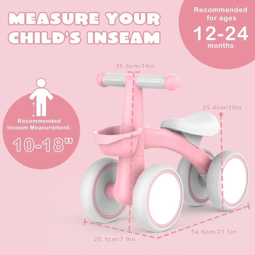 4‑Wheel Baby Balance Bike, No‑Pedal Toddler Ride‑On Toy with Removable Front Basket, 3‑Level Adjustable Seat, Safe Steering Limiter, Stable First Walker for Toddlers 12‑24 Months, Ideal 1st Birthday Gift for Boys & Girls