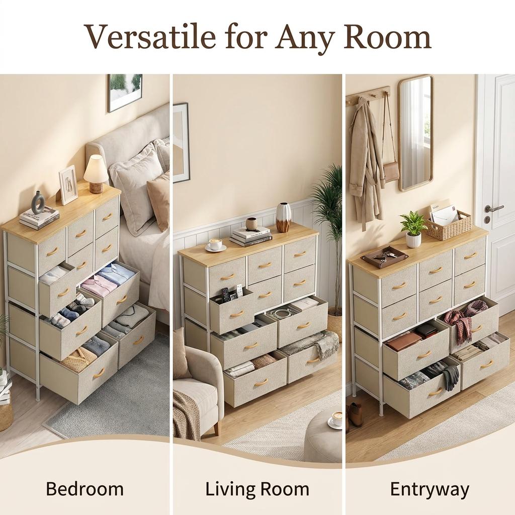 10-Drawer Fabric Storage Tower with Metal Frame & MDF Top, Non-Woven Organiser for Bedroom, Living Room, Hallway – Beige/White/Wood Tone (100x30x97cm)