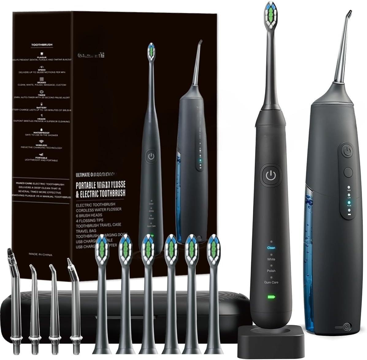 Oral Clean Kit Water Dental Flosser & Electric Toothbrush Combo for Teeth Cleaning & Gum Health Cordless 3 Modes Waterproof Travel Case