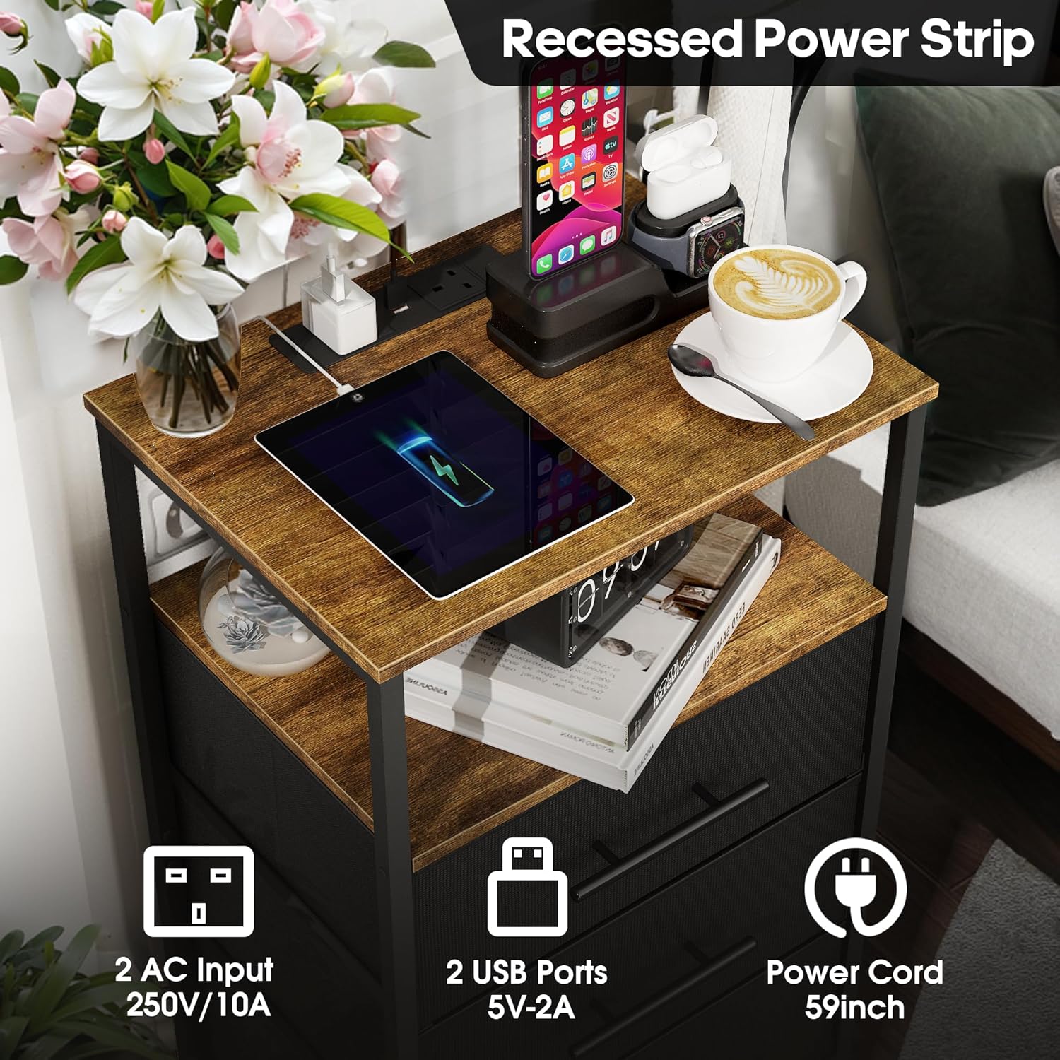 【NS】Bedside Table with Charging Station, Nightstand with 2 Outlets and 2 USB Ports,Sofa Table with 4 Castors Metal Frame and Fabric Drawers, for Bedroom Living Room (3 Drawers)