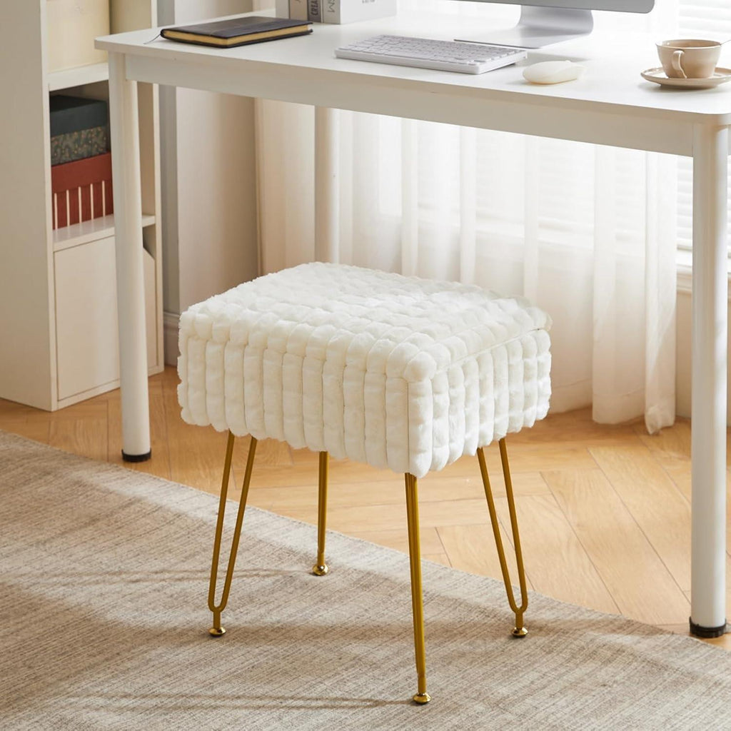 White Rectangular Vanity Chair with Storage – Ottoman Footrest Stool with Anti-Slip Feet & Square Grid Design, Perfect for Bedroom and Makeup Room