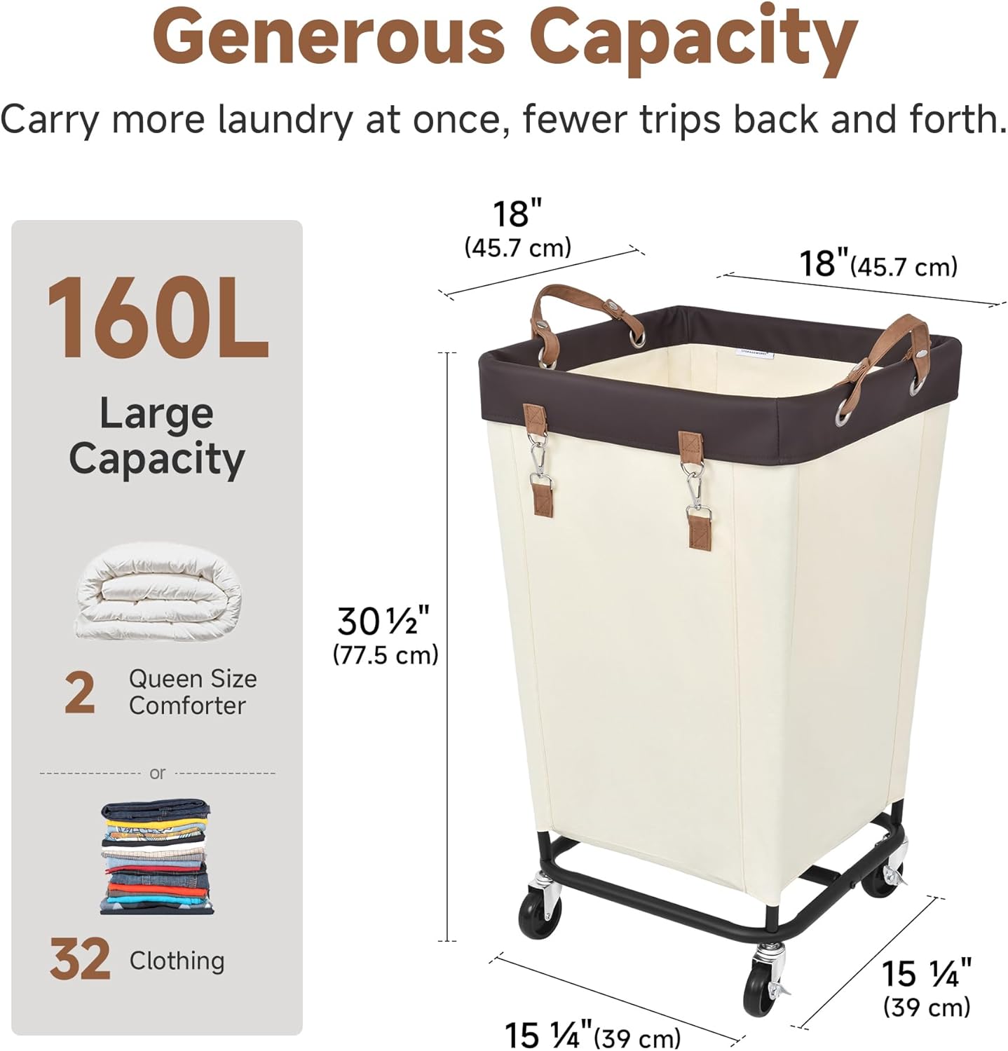 160L Rolling Laundry Hamper with Wheels, Heavy Duty Large Laundry Basket, Removable Fabric Liner Dirty Clothes Storage Cart for Home Dorm Hotel