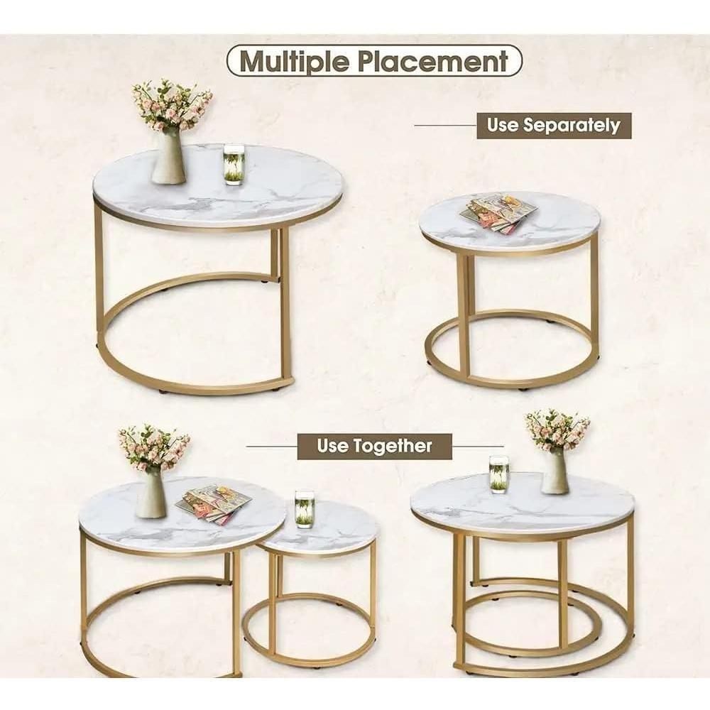 Elegant Round Nesting Coffee Tables –  Removable End Tables with Gold Metal Frame Legs & Marble Tops | Perfect for Living Room, Bedroom, Office & Balcony