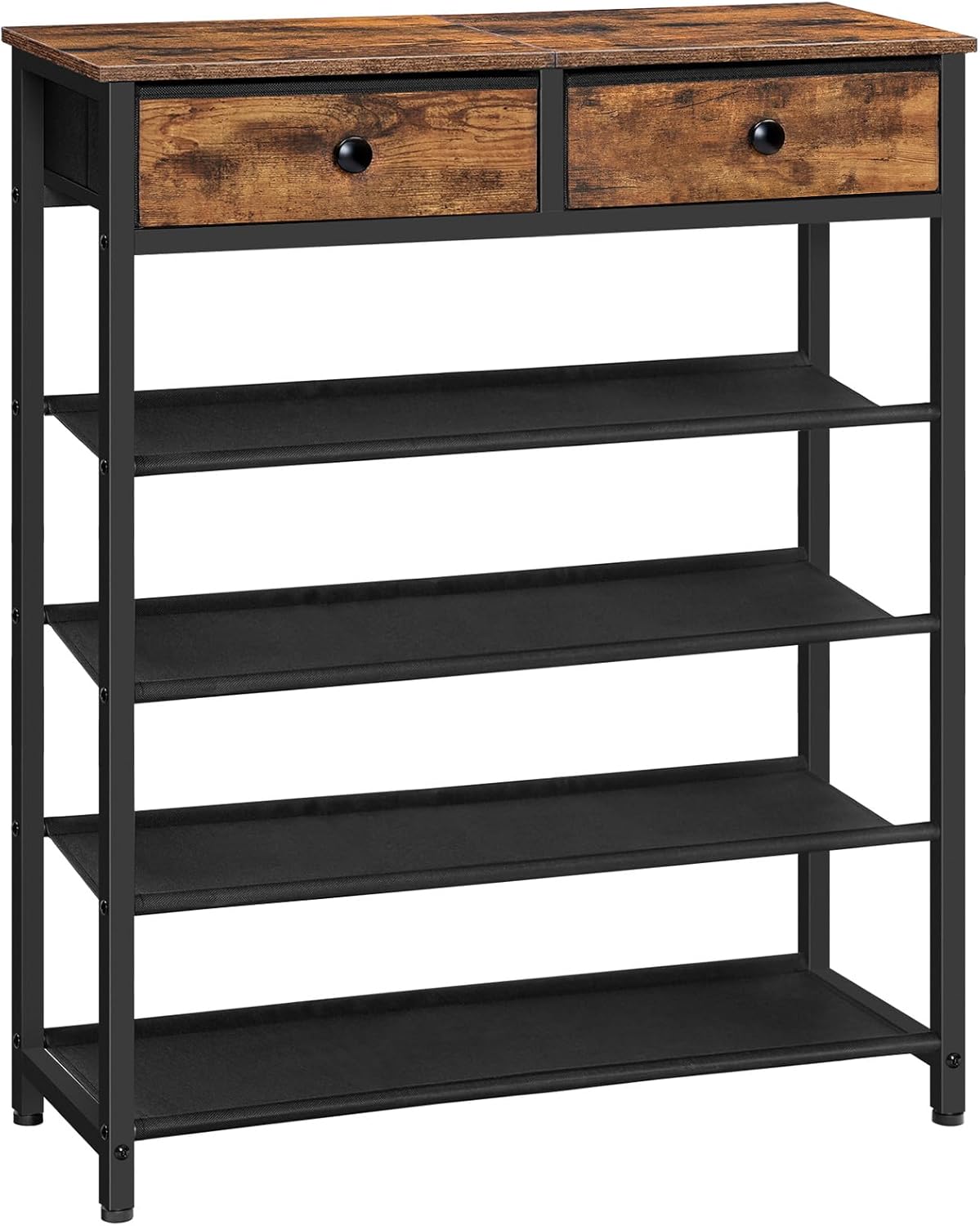 Shoe Rack,  Shoe Storage Organizer with 2 Non-Woven Drawers, 12-15 Pairs of for Entryway, Shelf with 3 Oxford Fabric Shelves and Wooden Top, Closet, Rustic Brown