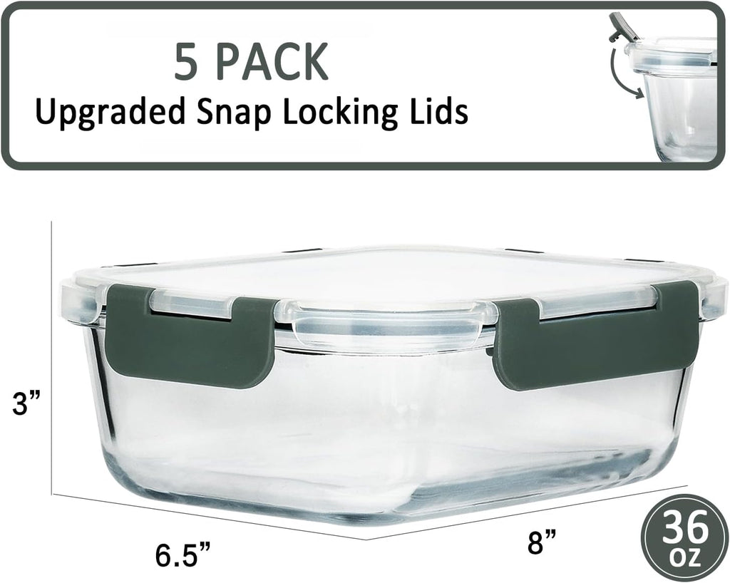 Glass Meal Prep Containers with Lids 1040ml Airtight Glass Food Storage Containers, Set of 5
