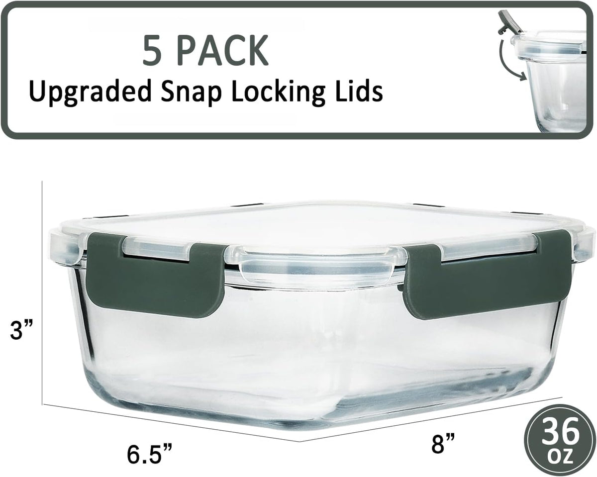 Glass Meal Prep Containers with Lids 1040ml Airtight Glass Food Storage Containers, Set of 5