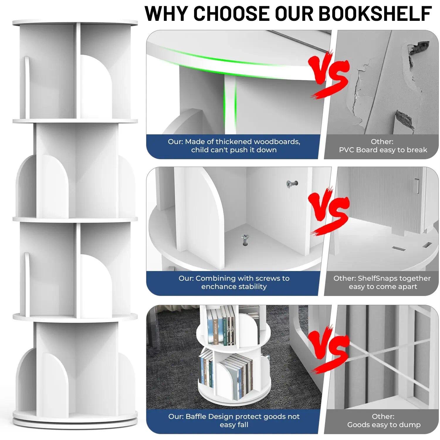 360° Rotating 4-Tier Bookshelf, Space-Saving Spinning Book Tower with Open Display Shelves, Freestanding Storage Rack for Living Room Bedroom Study Home Office, Easy Assembly Sturdy Floor Unit [Plus A Free Gift]