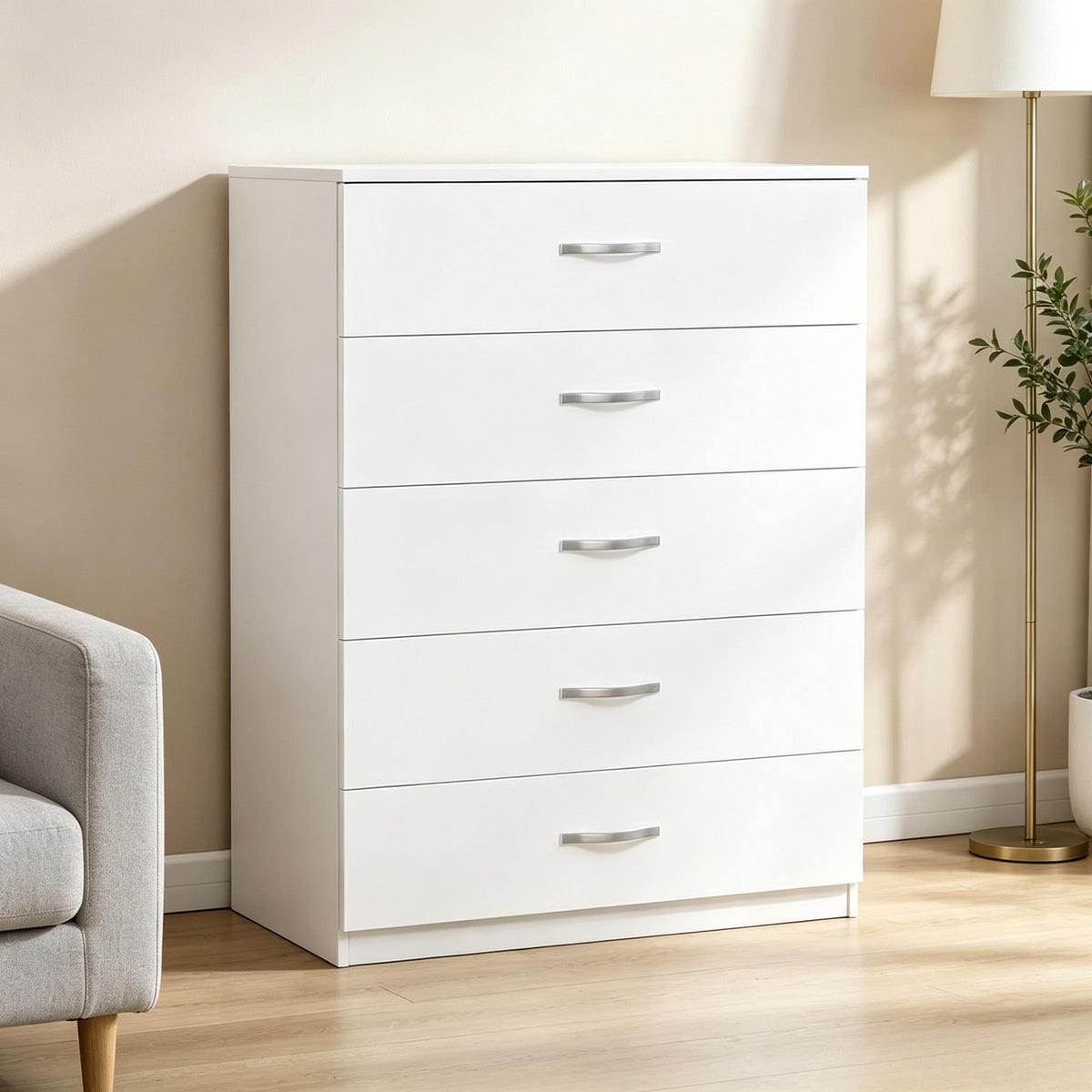 `Modern Tall 5‑Drawer Chest Dresser, Freestanding Bedroom Storage Cabinet with Sleek Metal Pull Handles, Versatile Clothing Organizer Unit for Home, Bedroom & Living Room`