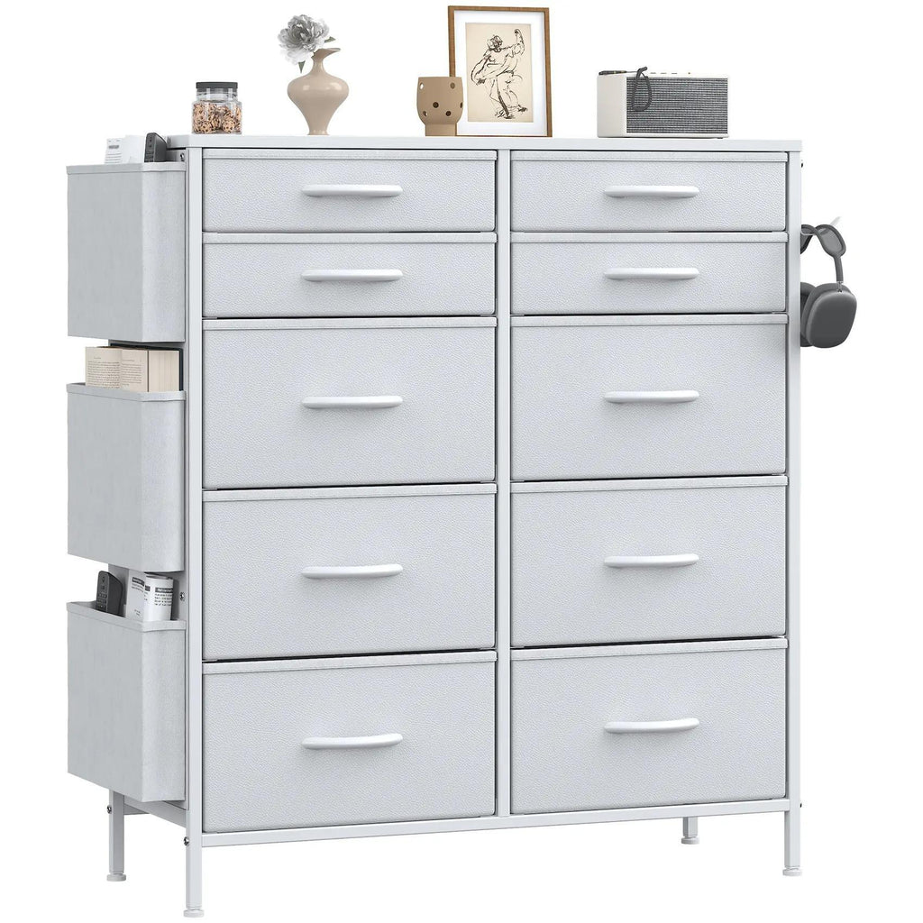 White Tall 10‑Drawer Fabric Dresser with 3 Side Pockets, Chest of Drawers with MDF Wood Top & Metal Frame, Anti‑Tip Storage Organizer for Bedroom Closet Living Room Dorm Office