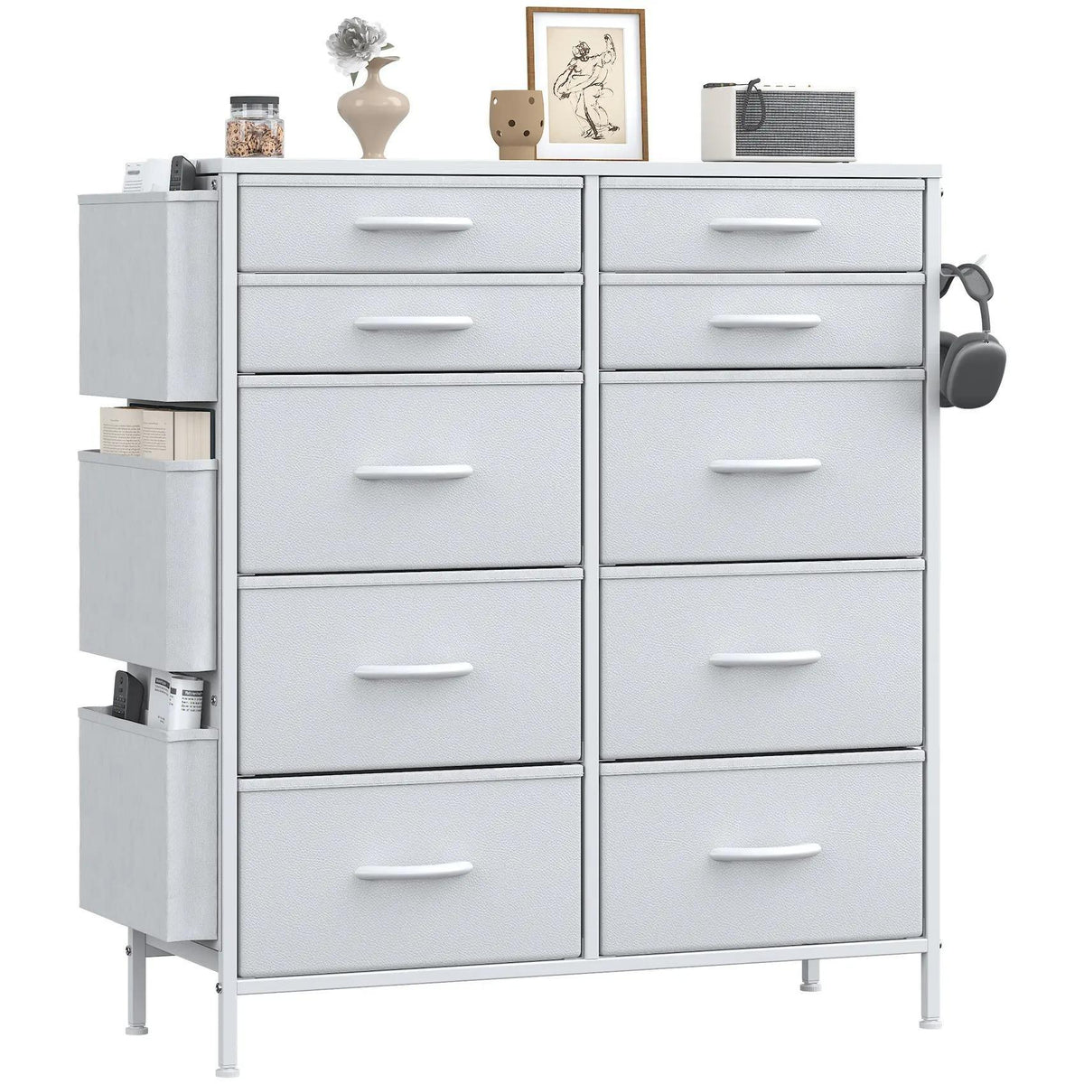 White Tall 10‑Drawer Fabric Dresser with 3 Side Pockets, Chest of Drawers with MDF Wood Top & Metal Frame, Anti‑Tip Storage Organizer for Bedroom Closet Living Room Dorm Office