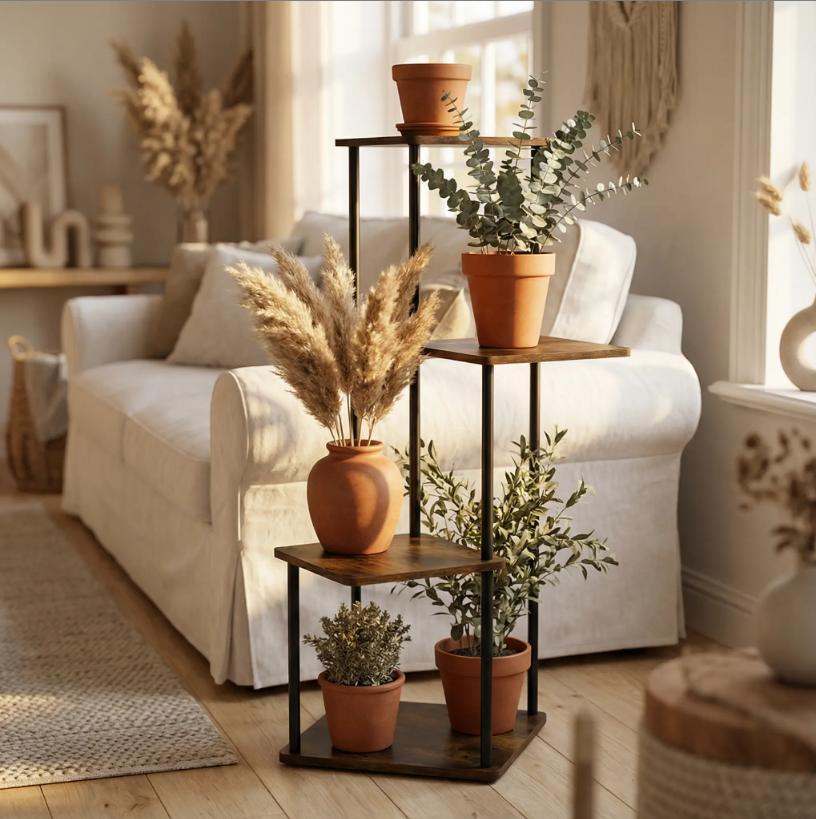 4/5 Tier Multilayer Indoor Plant Stand, Compact Corner Flower Pot Shelf, Space-Saving Vertical Display Rack with Iron MDF Frame, Easy Assembly Plant Storage Shelving for Living Room Balcony Home Garden Decor