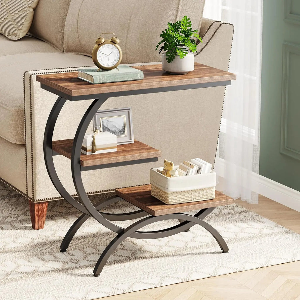 Tribesigns Rustic Brown C-Shaped End Table: 3-Tier Industrial Couch Side Table, Compact Wood Snack Table with Storage Shelves, Ideal for Small Living Spaces  , Space Saving End Table