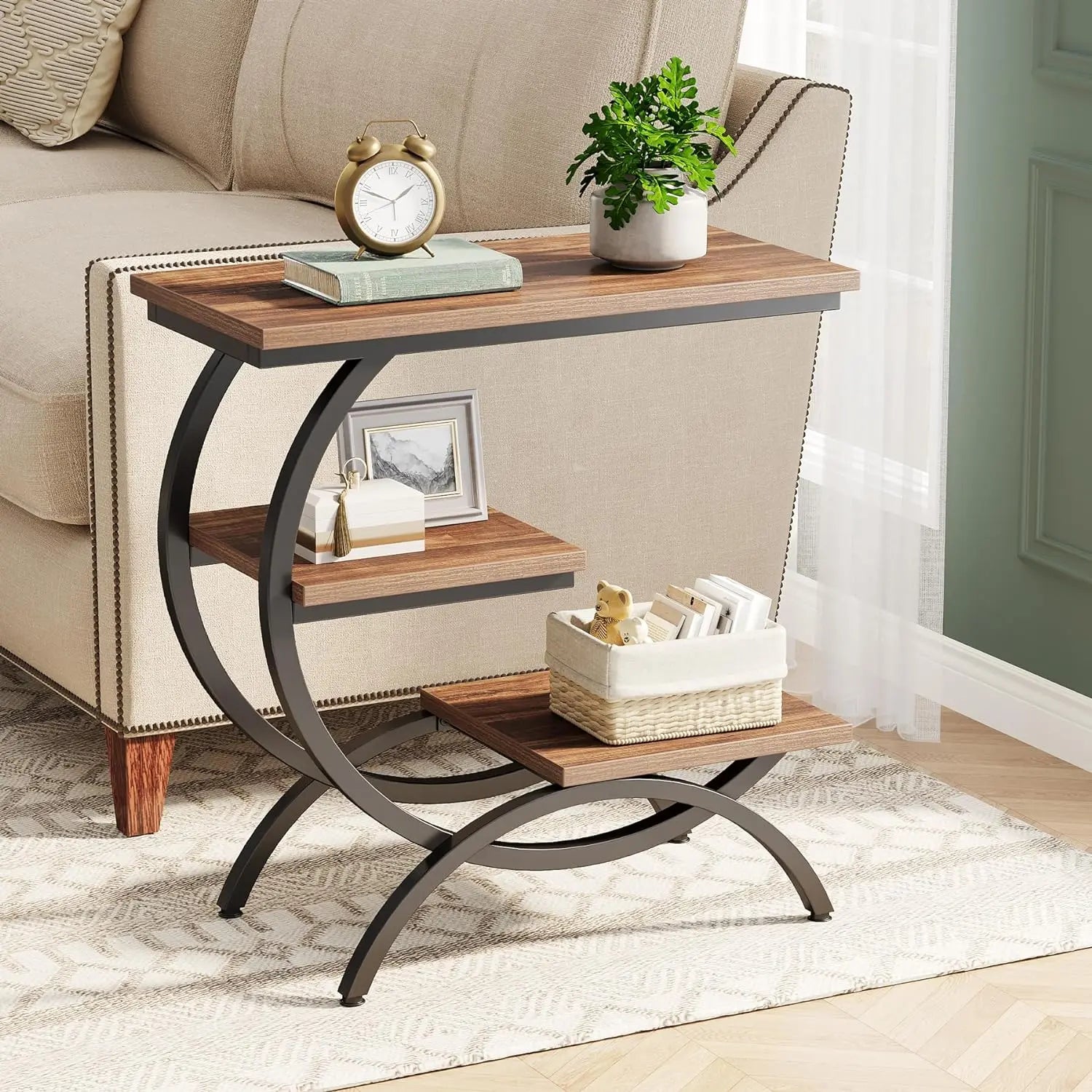 Tribesigns Rustic Brown C-Shaped End Table: 3-Tier Industrial Couch Side Table, Compact Wood Snack Table with Storage Shelves, Ideal for Small Living Spaces  , Space Saving End Table