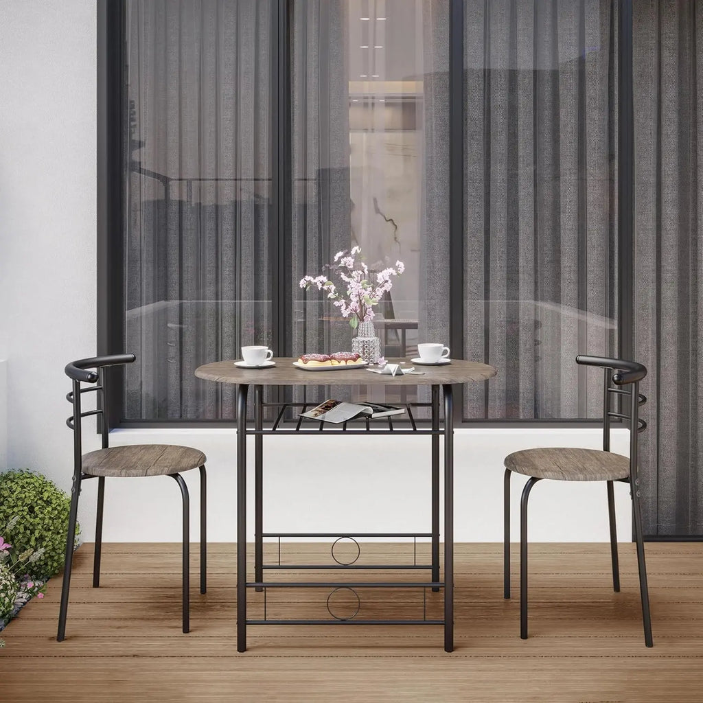 3-Piece Round Dining Table Set for 2 – Compact Breakfast Bar with Chairs, Metal Legs, Shelf & Built-in Wine Rack (Drift Brown)