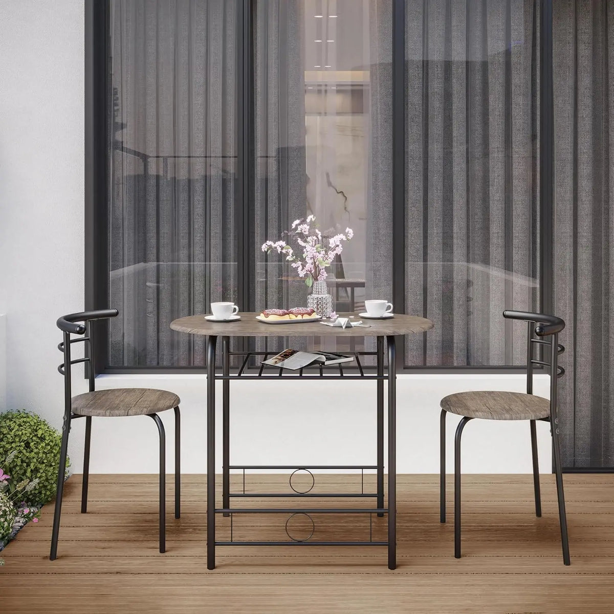 3-Piece Round Dining Table Set for 2 – Compact Breakfast Bar with Chairs, Metal Legs, Shelf & Built-in Wine Rack (Drift Brown)