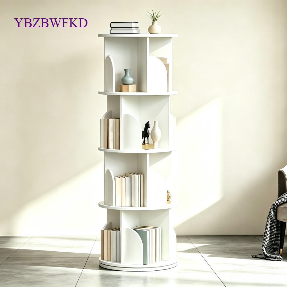 360° Rotating 4-Tier Bookshelf, Space-Saving Spinning Book Tower with Open Display Shelves, Freestanding Storage Rack for Living Room Bedroom Study Home Office, Easy Assembly Sturdy Floor Unit [Plus A Free Gift]