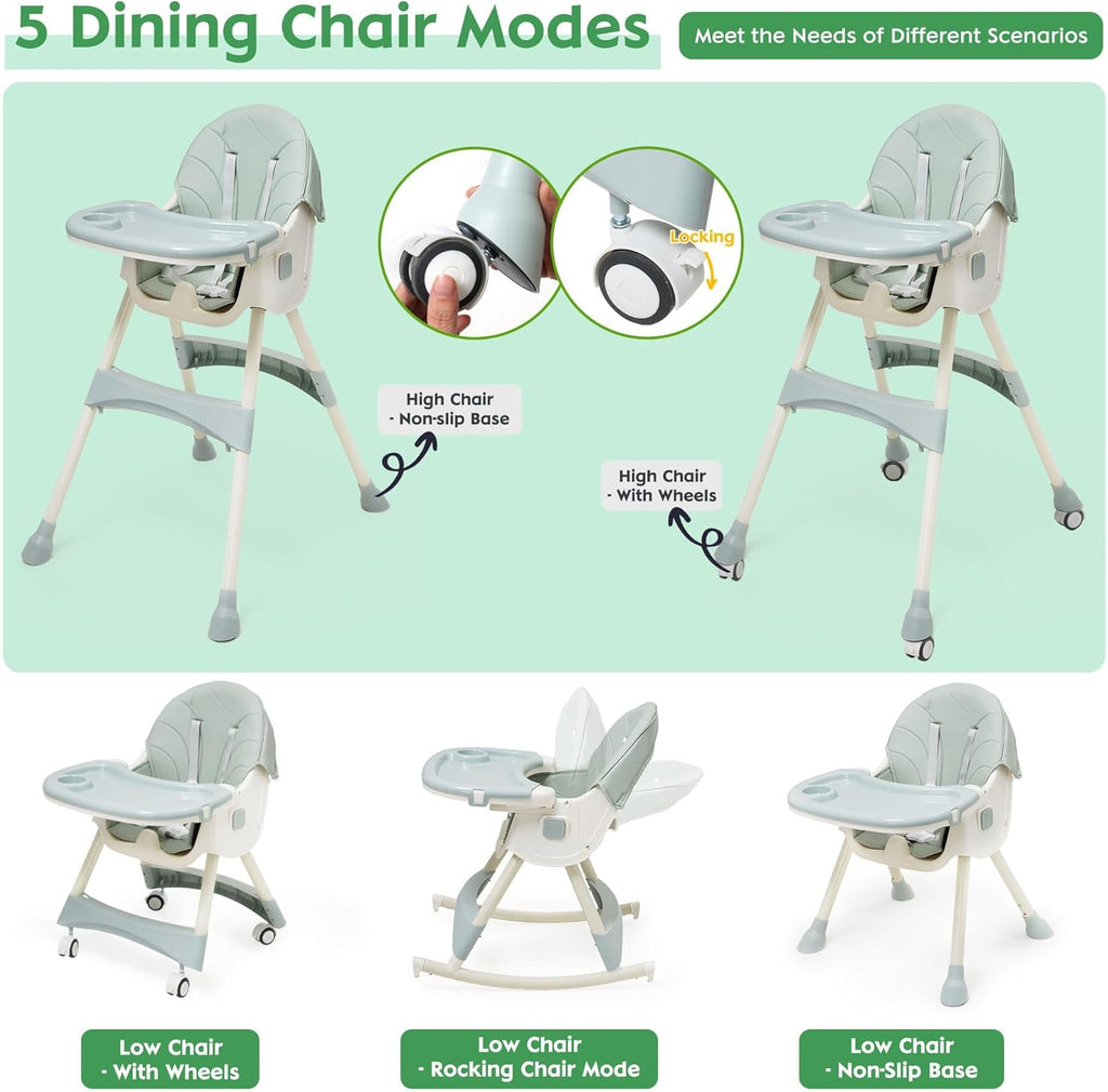 5 in 1 Convertible Baby High Chair, Foldable Portable Infant Chair with Adjustable Height and 3 Position Reclining Backrest, Sturdy Travel Friendly Toddler Seat [Plus A Free Gift]