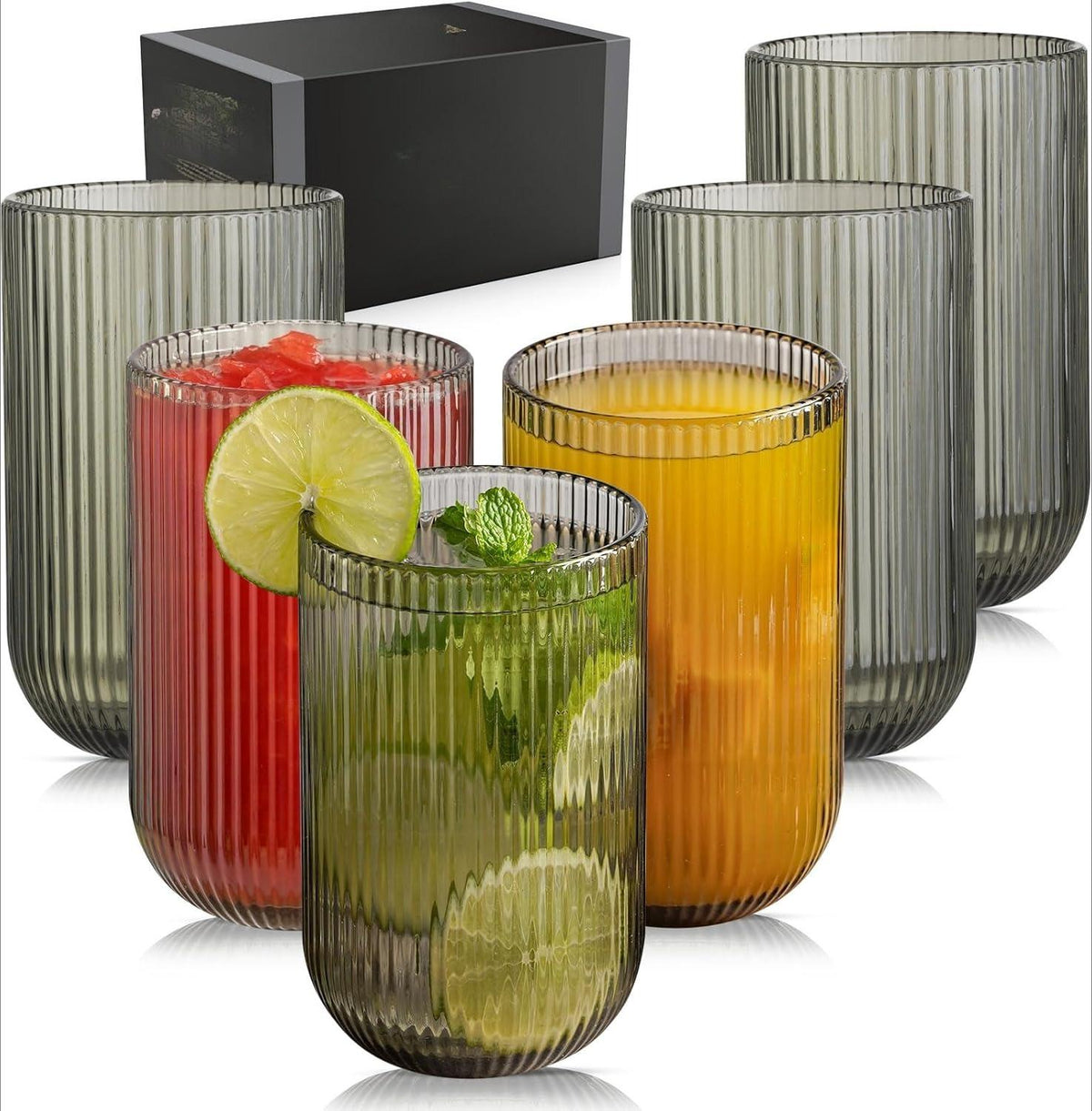 410ml Ribbed Highball Glasses Tall Hi Ball Glassware for Water Gin Juice Cocktail Ideal for Home Restaurant Events & Parties Dishwasher Safe