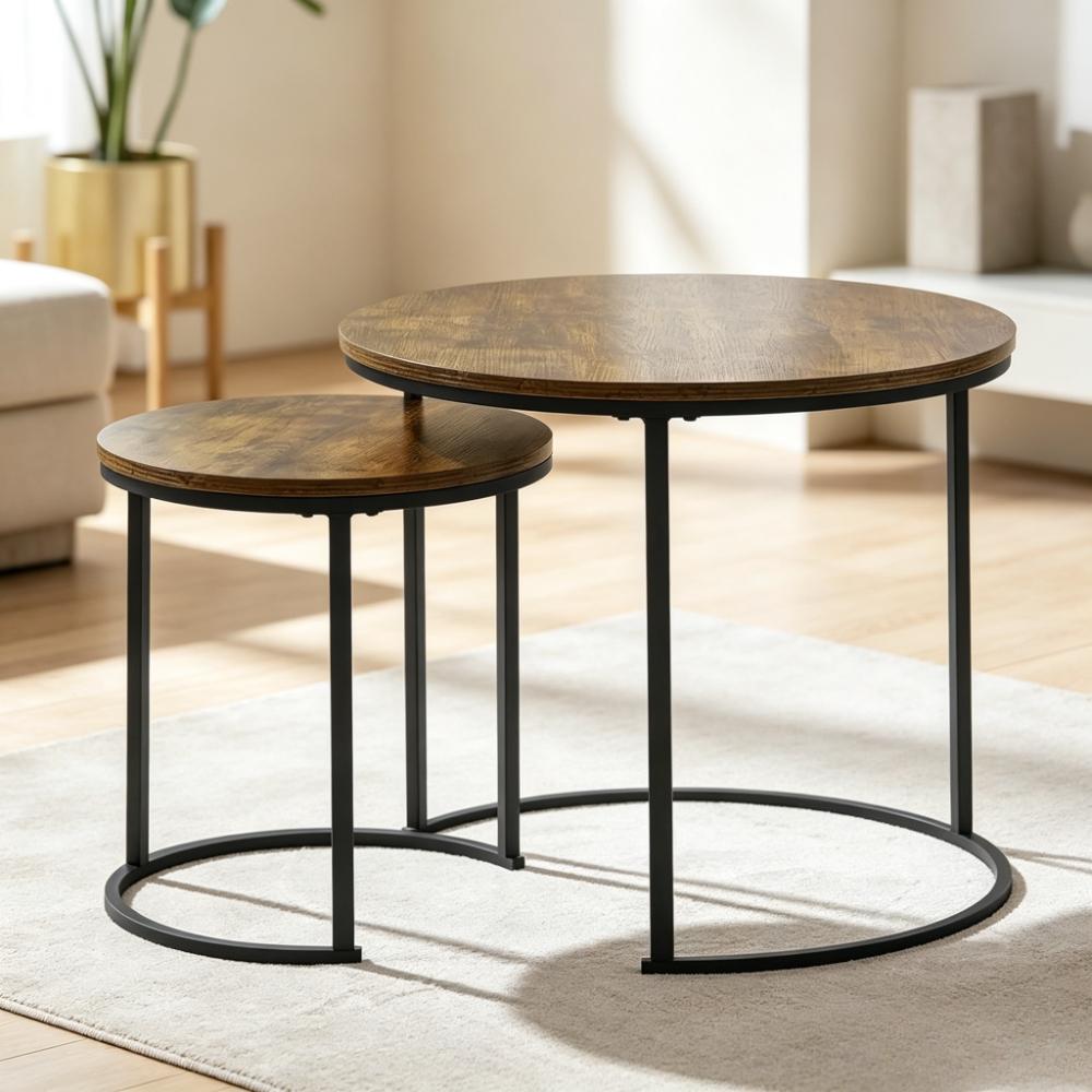 Round Nesting Coffee Table Set of 2, Stackable Side End Tables with Sturdy Metal Frame, Space-Saving Sofa Tea Table for Living Room Bedroom Small Spaces, Grey [Plus A Free Gift]