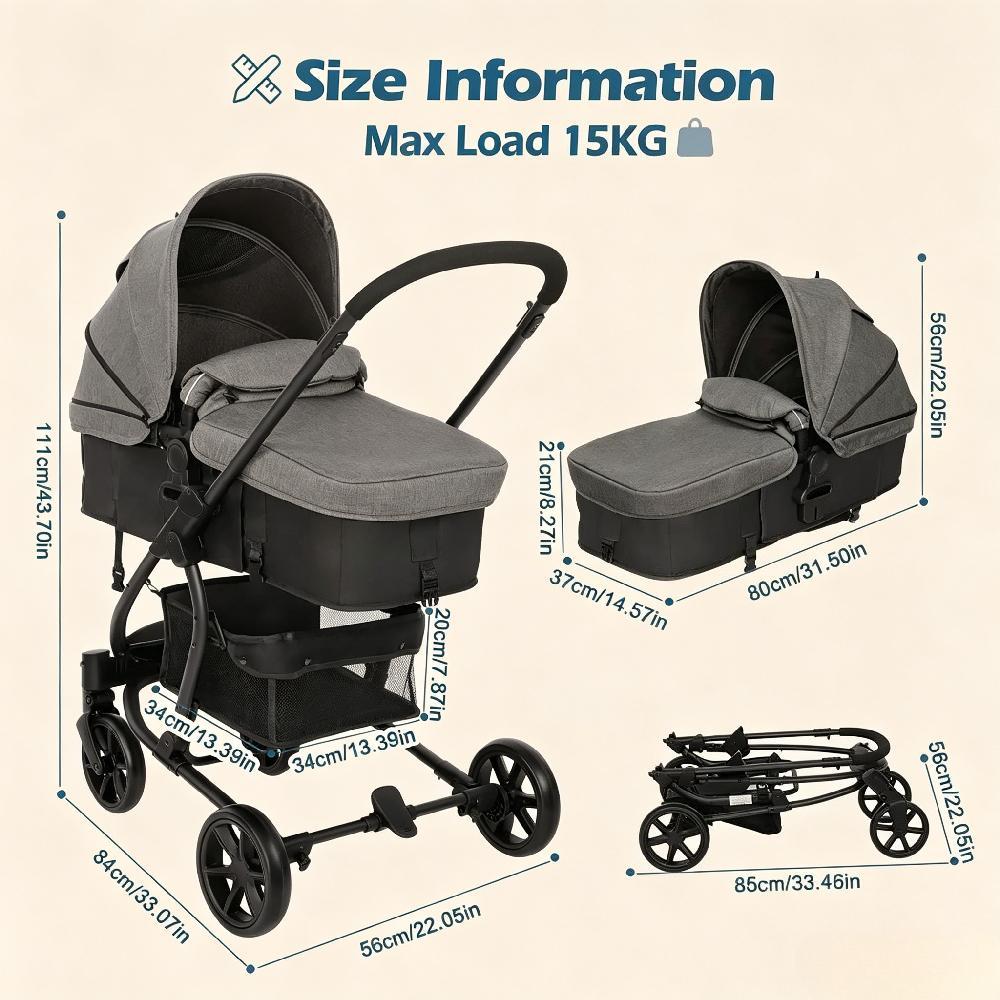 Lightweight Foldable Pushchair Travel with Rain Cover and Footmuff, Carrycot and Reversible Seat, Suitable from Birth to 3 Years with Lie-Flat Function [Plus A Free Gift]