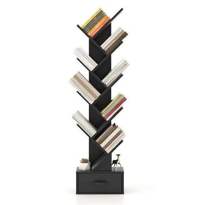 10‑Tier Tree‑Shaped Floor‑Standing Bookshelf, Wooden Narrow Book & Magazine Display Storage Shelving Unit with Foldable Fabric Drawer for Living Room Bedroom Office