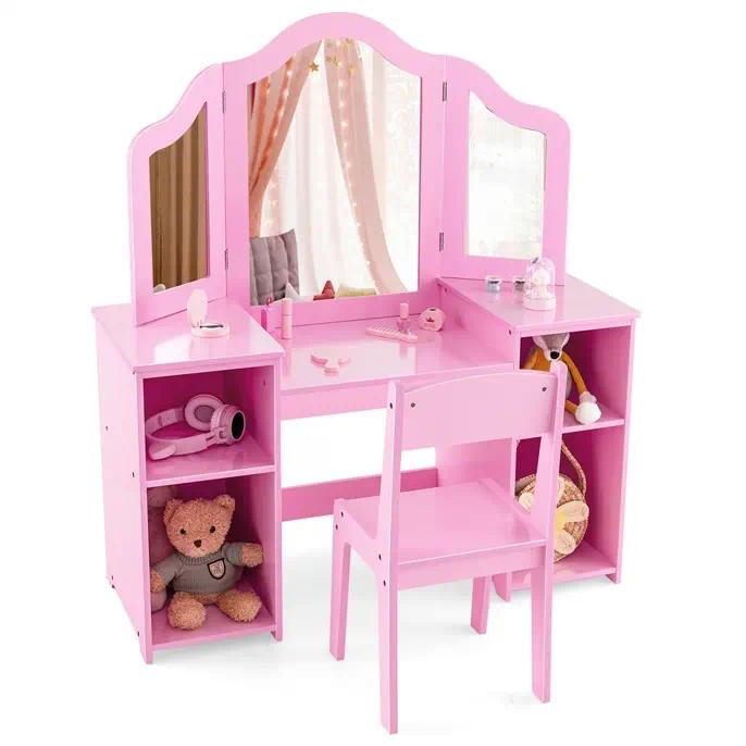 `2‑in‑1 Kids Vanity Table Set, Princess Dressing Desk with Removable Tri‑Fold Mirror, 4 Fabric Storage Bins & Matching Chair, Wooden Pretend Makeup Dresser for Girls for Bedroom Playroom Age 3+`