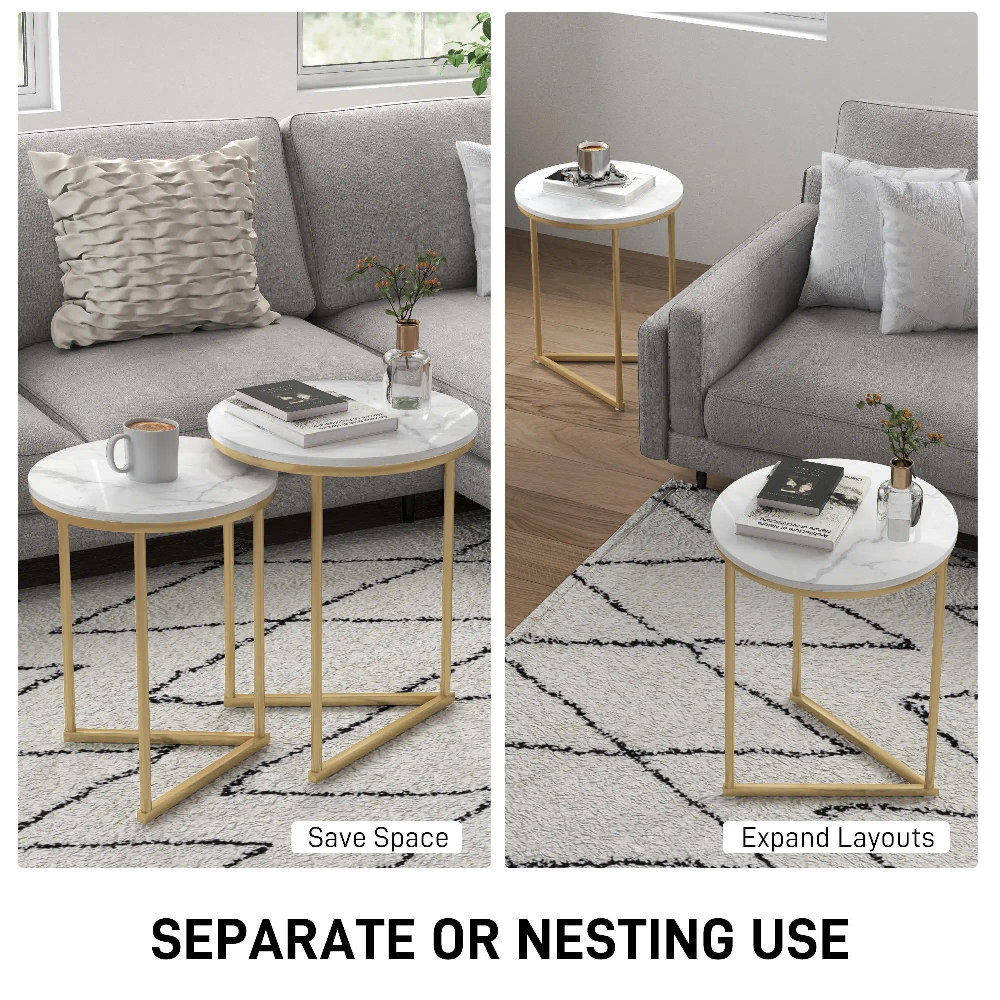 Round Nesting Coffee Table Set of 2, Modern Space-Saving Side Tables with Sturdy Metal Frame for Living Room, Bedroom, Small Apartment [Plus A Free Gift]