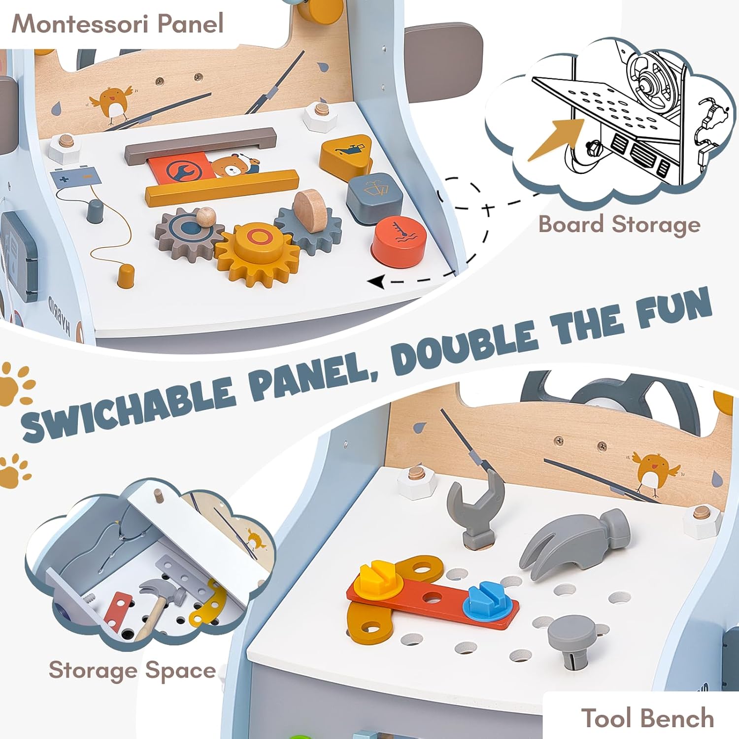 Baby Walker First Step Activity - Adjustable Speed Wooden Push Walker with Activity Center, Car Traffic & Tool Bench Theme: Shape Sorter, Steering Wheel, Gears, Beads - Montessori Learning Walking Toy for Toddlers 1 2 3 Years Old [Plus A Free Gift]