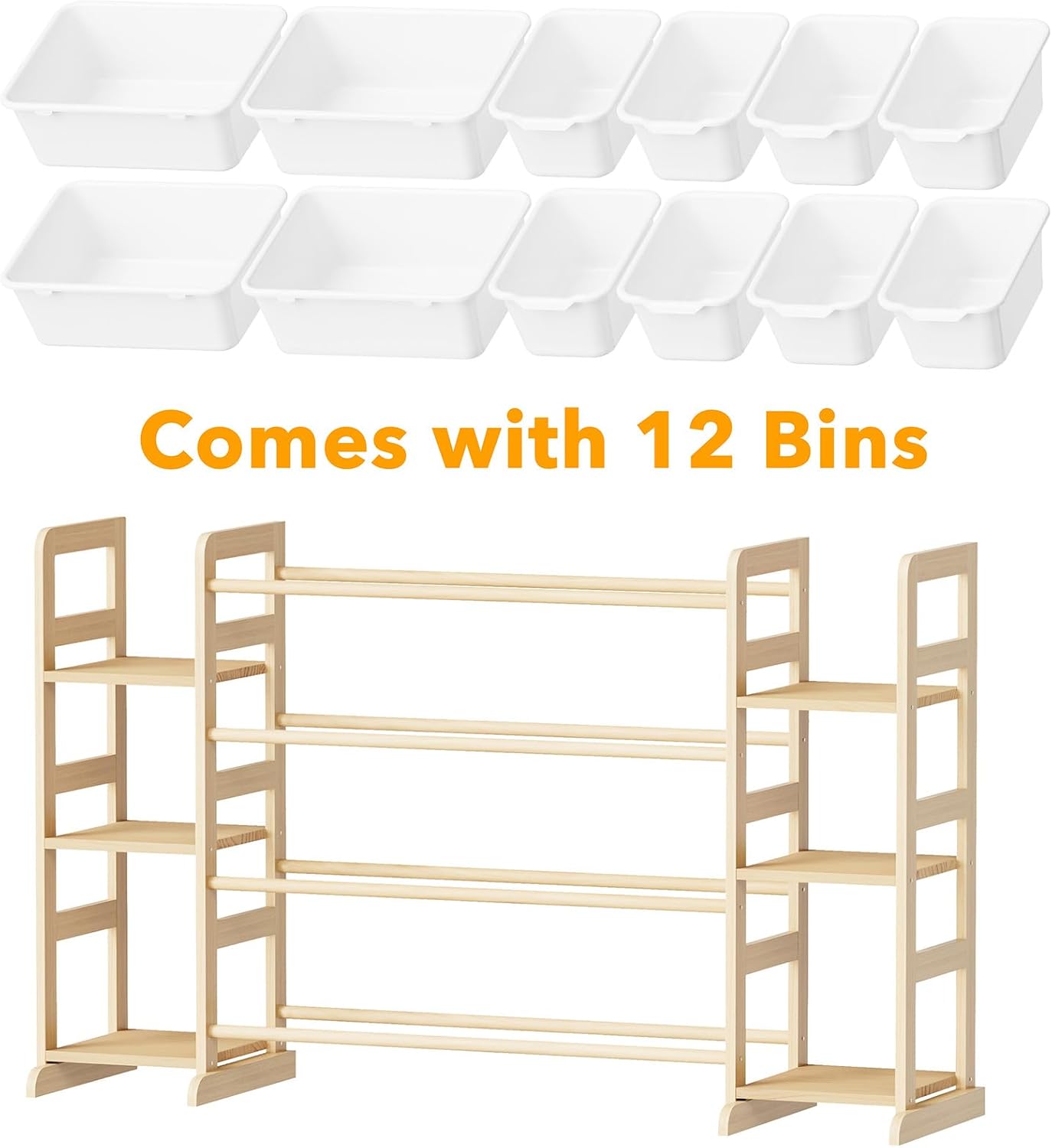 Kids Wooden Toy Storage Organizer, Toy Shelving Unit with 12 Removable Bins & 6 Open Shelves, Multi‑Purpose Children Bookcase Storage Cabinet for Playroom Bedroom Nursery