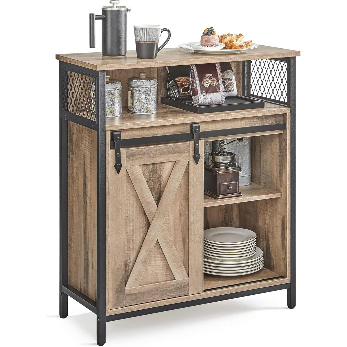 Rustic Sideboard Storage Cabinet with Sliding Barn Door Open Compartment & Adjustable Shelf Freestanding Buffet Unit 30 x 70 x 80 cm Toasted Oak Finish for Living Room Hallway