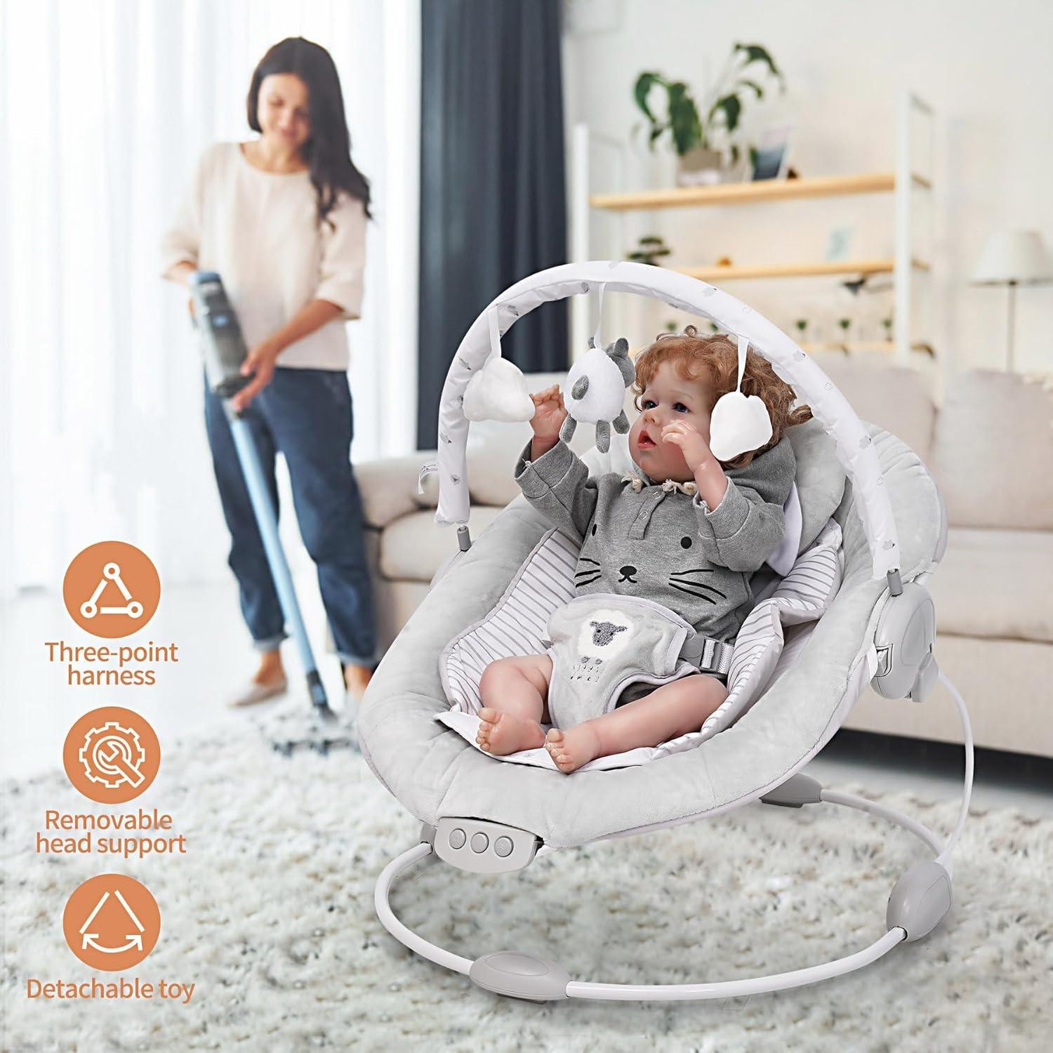 【NS】Baby Bouncer with Soothing Music & Vibration | Soft Padded Lamb Seat | Gentle Rocking for Calming & Sleep | Newborn to 6 Months [Plus A Free Gift]