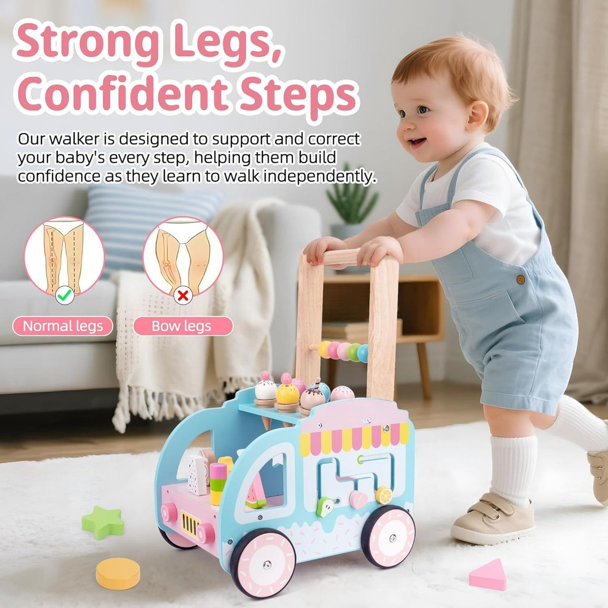 Multifunctional Wooden Ice Cream Shop Push Walker with Silent Wheels Pretend Play Store Activity Center Early Educational Walking Toy Improve Hand Eye Coordination for Toddler Kids 1 2 3 Years Old Girls Boys Ideal Birthday Holiday Present Free