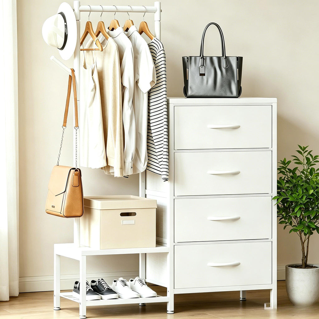 Retro Fabric Chest of Drawers, Multifunctional Storage Dresser with 4 Drawers, Clothes Hanging Rail & 2 Hooks, Double-Layer Shoe Rack Organizer, Stable Frame Storage Cabinet for Bedroom Entryway Home Furniture