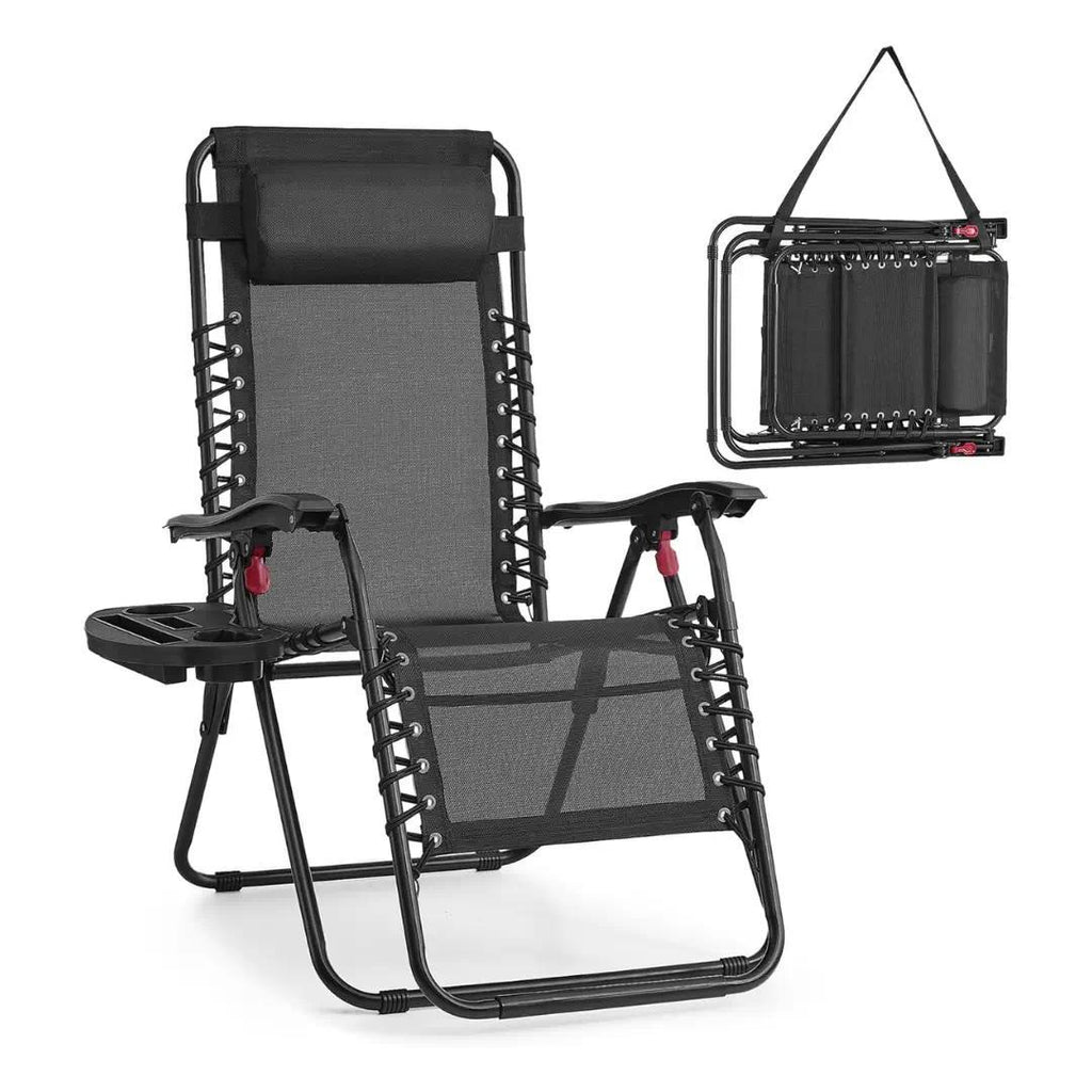 Zero Gravity Reclining Chairs Set of 2, Folding Sun Loungers with Tray, Adjustable Headrest, 110kg Capacity Each, Outdoor Patio Garden Furniture [Plus A Free Gift]