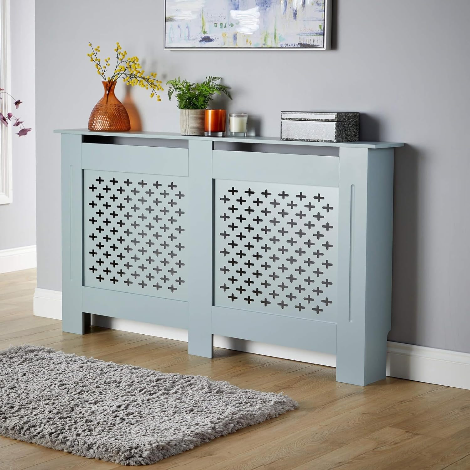 Modern Wooden Radiator Cover with Shelf, White Wall-Mounted Cabinet, Decorative Grill Vent, Medium Size for Home Office Living Room [Plus A Free Gift]