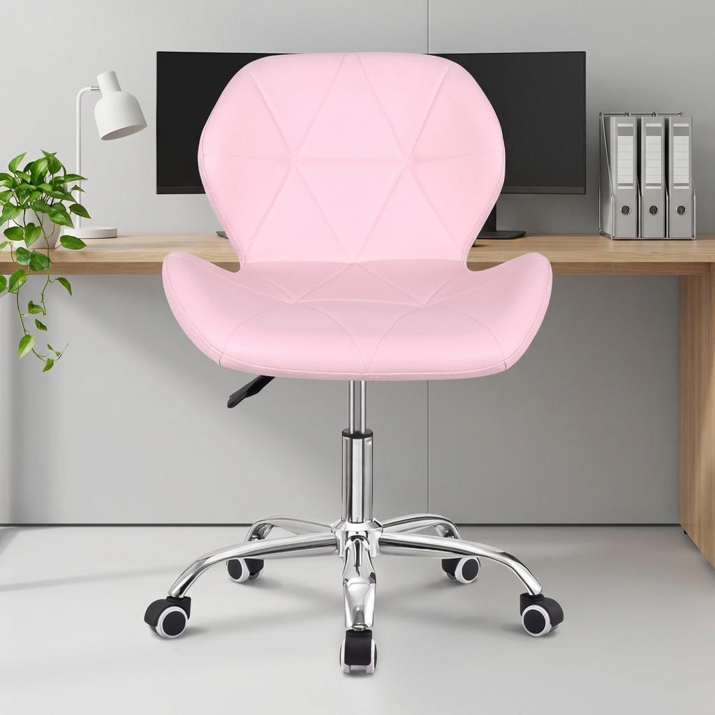 Swivel Makeup Vanity Chair & Office Stool - Adjustable Pink Dressing Chair with Wheels, Diamond Tufted Upholstery in PU/Fabric/Velvet Options, Armless Height-Adjustable Seat for Desk, Bedroom, or Dorm