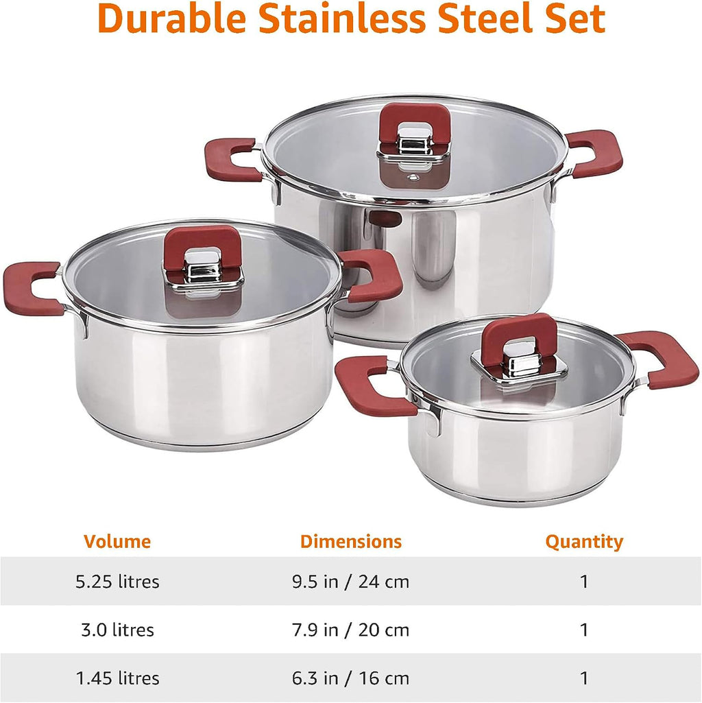 Basics 3‑Piece Stainless Steel Stackable Casserole Cookware Set, Induction Pots with Vented Lids & Soft‑Touch Handles, Dishwasher & Oven‑Safe, 16/20/24 cm