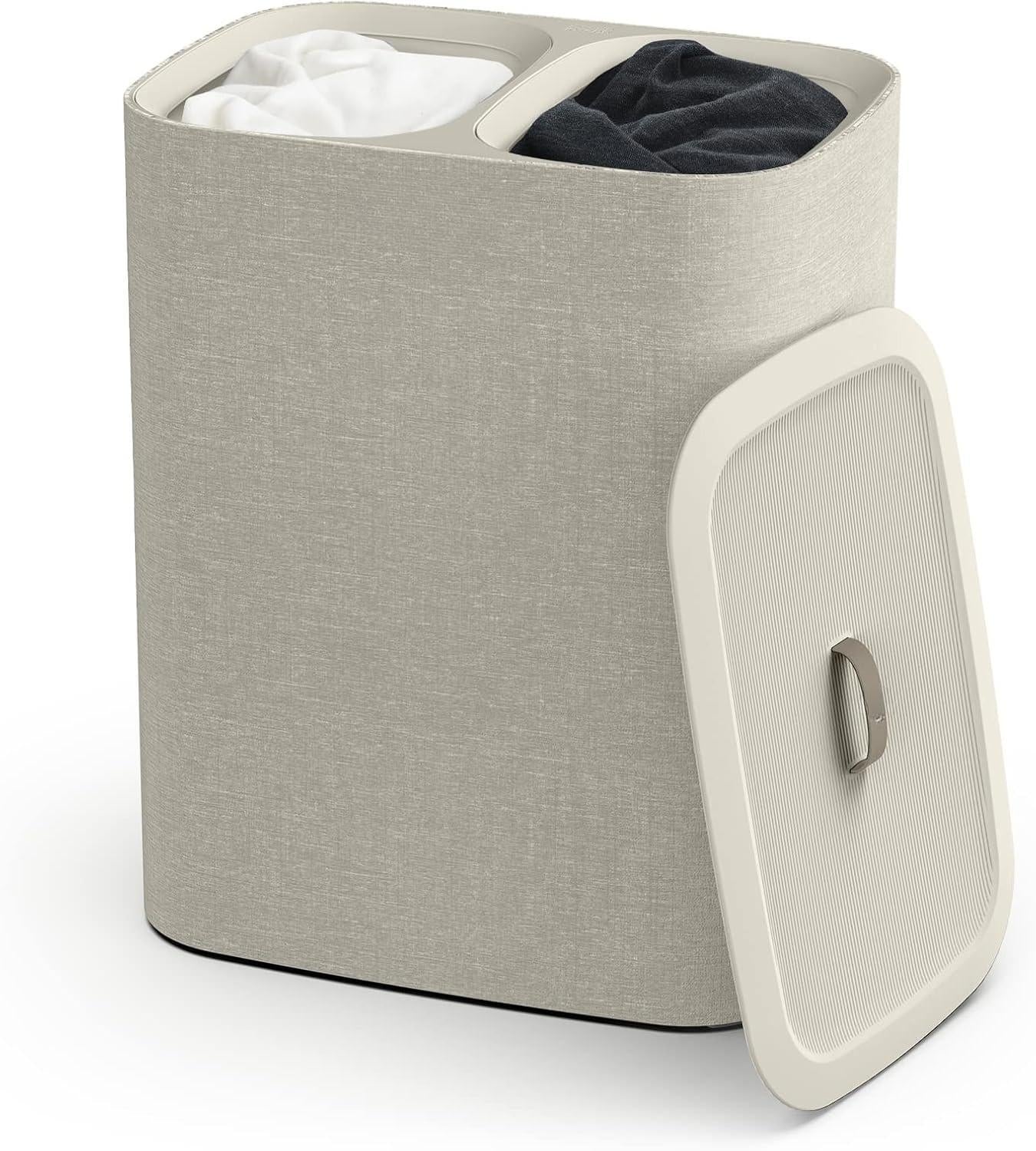 Dual Compartment Laundry Hamper with Lid, 2 Removable Washing Bags with Handles, Large Capacity Laundry Separation Basket for Dirty Clothes