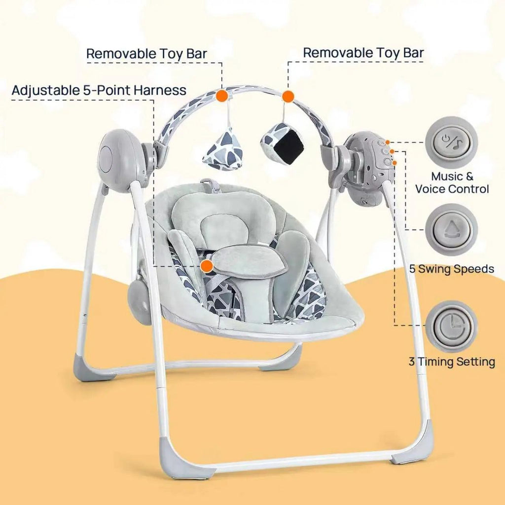 Battery Operated Foldable Baby Swing with 5 Adjustable Swing Speed, Auto Off Timer, Built-in Calming Music & Hanging Toys, Portable Infant Rocker for Newborn Nursery Use
