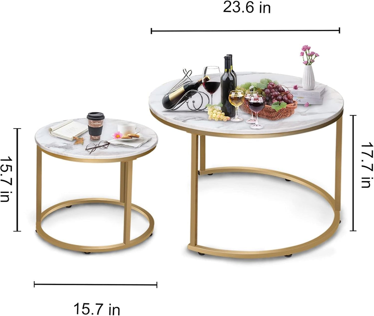 Marble Nesting Coffee Table Set for Living Room, Round Metal Frame Center & End Tables for Small Space, Bedroom, White & Black, 60x50cm