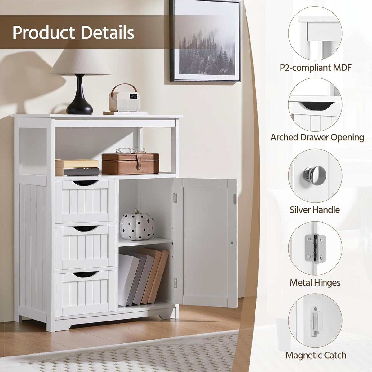 Modern White Freestanding Wooden Storage Cabinet, Accent Floor Organizer with Open Shelf, 3 Drawers & Adjustable Shelving, Multi‑Purpose Sideboard for Bathroom Living Room Kitchen Entryway