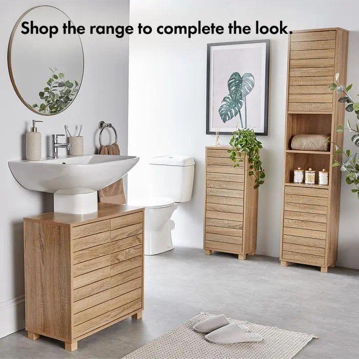 `Freestanding Under‑Sink Bathroom Cabinet, Oak Wood‑Effect Handleless Storage Cupboard with 2 Adjustable Inner Shelves, Multi‑Purpose Below Sink Organizer for Bathroom Vanity`