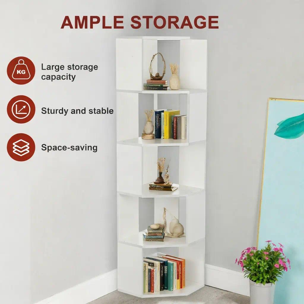 5-Tier Corner Shelf Unit Freestanding Display Rack, Wooden Open Storage Bookcase for Living Room Bedroom Home Office, Space-Saving Tall Narrow Stand, 40x40x159 cm [Plus A Free Gift]