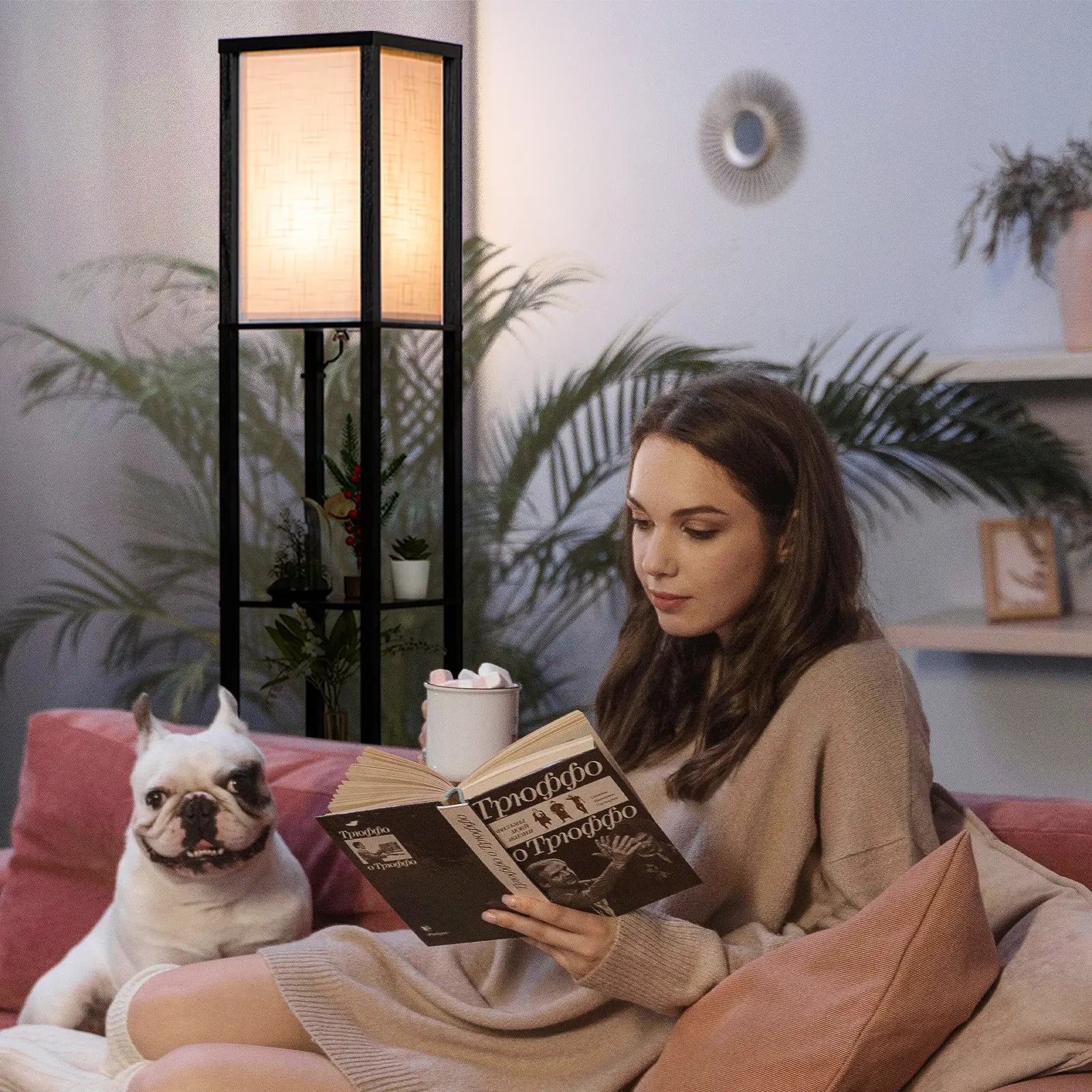Neviland Floor Lamps with Shelves for Living Room, 3 Layers Morden Standard Lamp with LED Light for Bedroom, Office, Black/Wood/ Gray-brown[Energy Class A]A suitable gift for friends and family on holidays or for moving. Valentine's Day gift