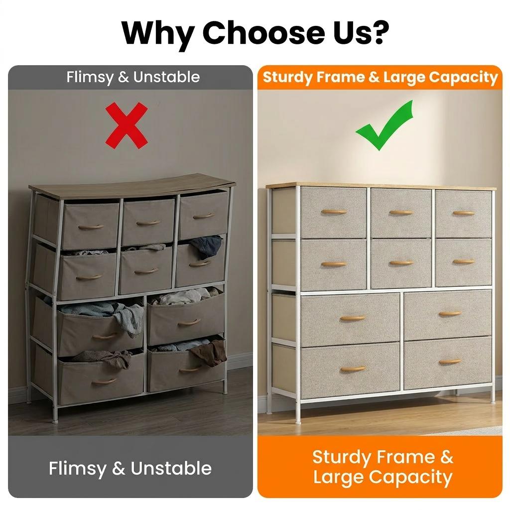 10-Drawer Fabric Storage Tower with Metal Frame & MDF Top, Non-Woven Organiser for Bedroom, Living Room, Hallway – Beige/White/Wood Tone (100x30x97cm)